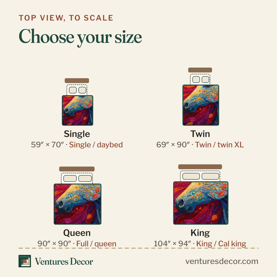 Size guide for the Autumn Flame Mustang quilt, top view to scale: Single 59 x 70 in, Twin 69 x 90 in, Queen 90 x 90 in, King 104 x 94 in