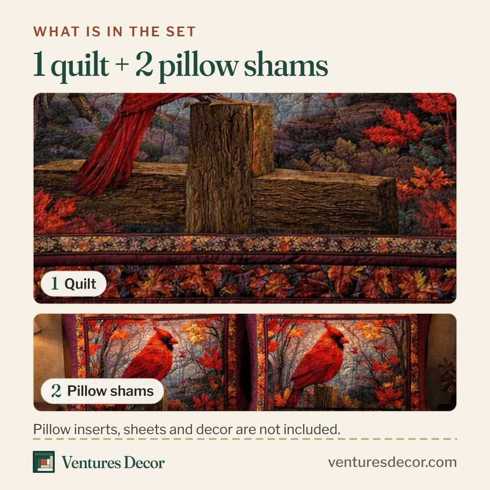 What is in the set: one quilt and two pillow shams, shown in the Autumn Forest Cardinal design