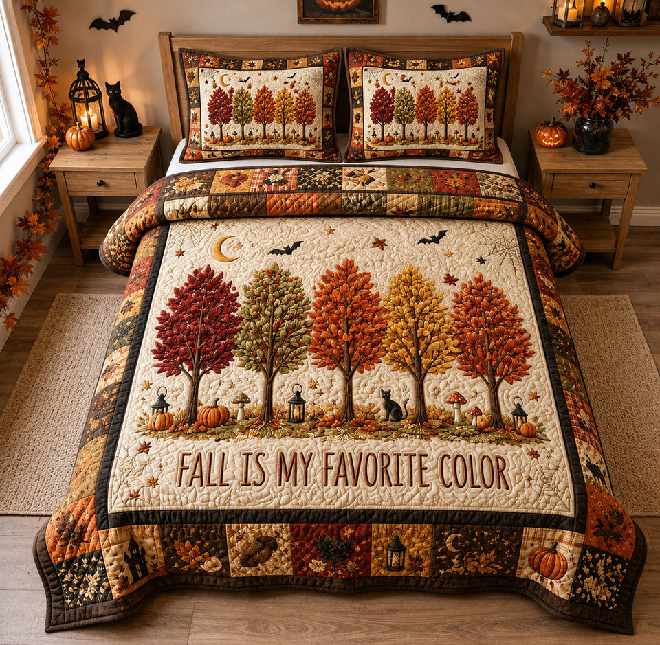 Autumn Forest Halloween quilted bedding set, quilt and two pillow shams on a made bed