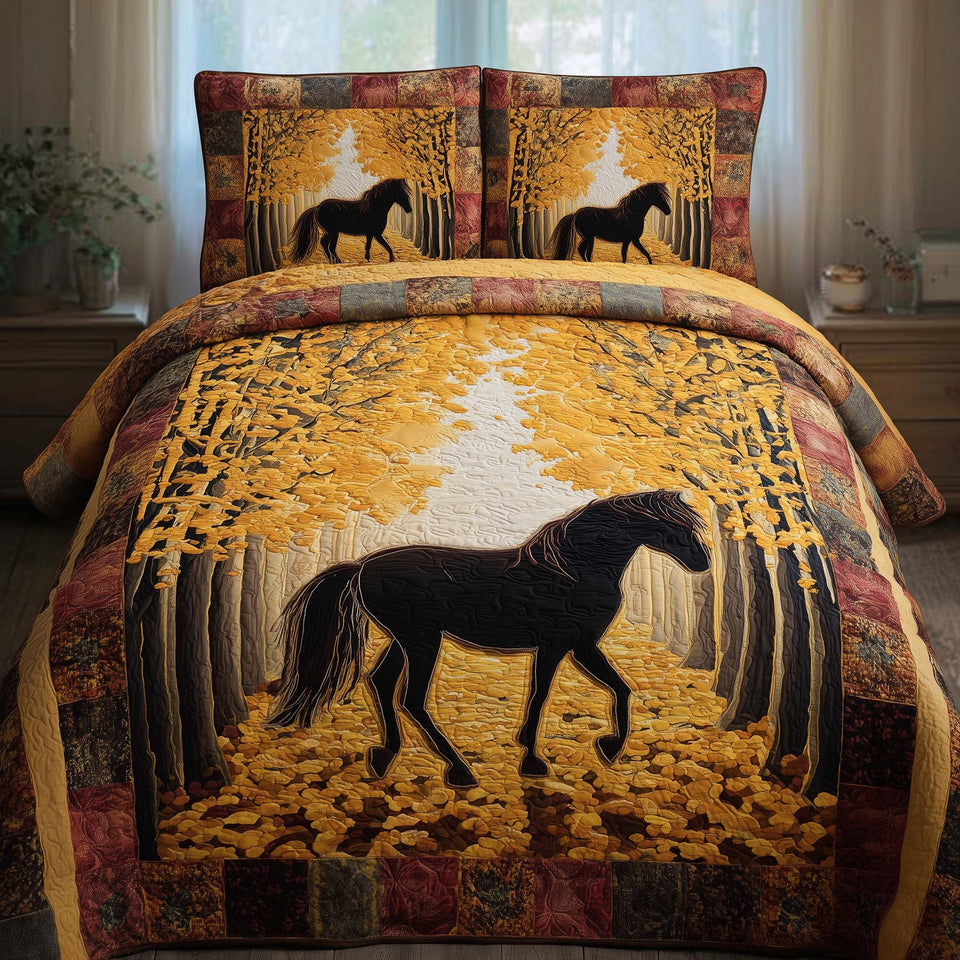 Autumn Forest Horse quilted bedding set, quilt and two pillow shams on a made bed