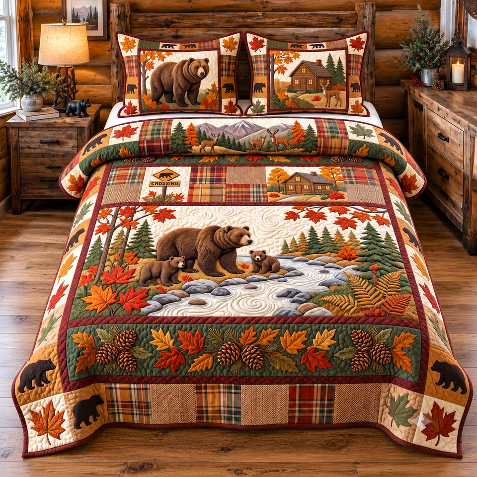 Autumn Forest Patchwork Animal quilted bedding set, quilt and two pillow shams on a made bed