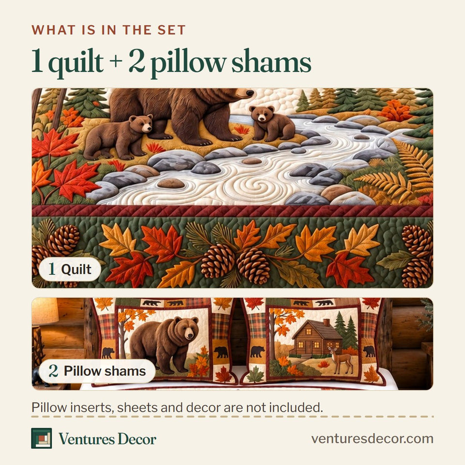 What is in the set: one quilt and two pillow shams, shown in the Autumn Forest Patchwork Animal Quilt Set, 3-Piece Quilted Bedding with 2 Pillow Shams design