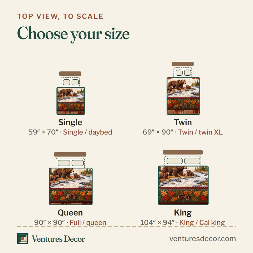 Size guide for the Autumn Forest Patchwork Animal Quilt Set, 3-Piece Quilted Bedding with 2 Pillow Shams quilt, top view to scale: Single 59 x 70 in, Twin 69 x 90 in, Queen 90 x 90 in, King 104 x 94 in