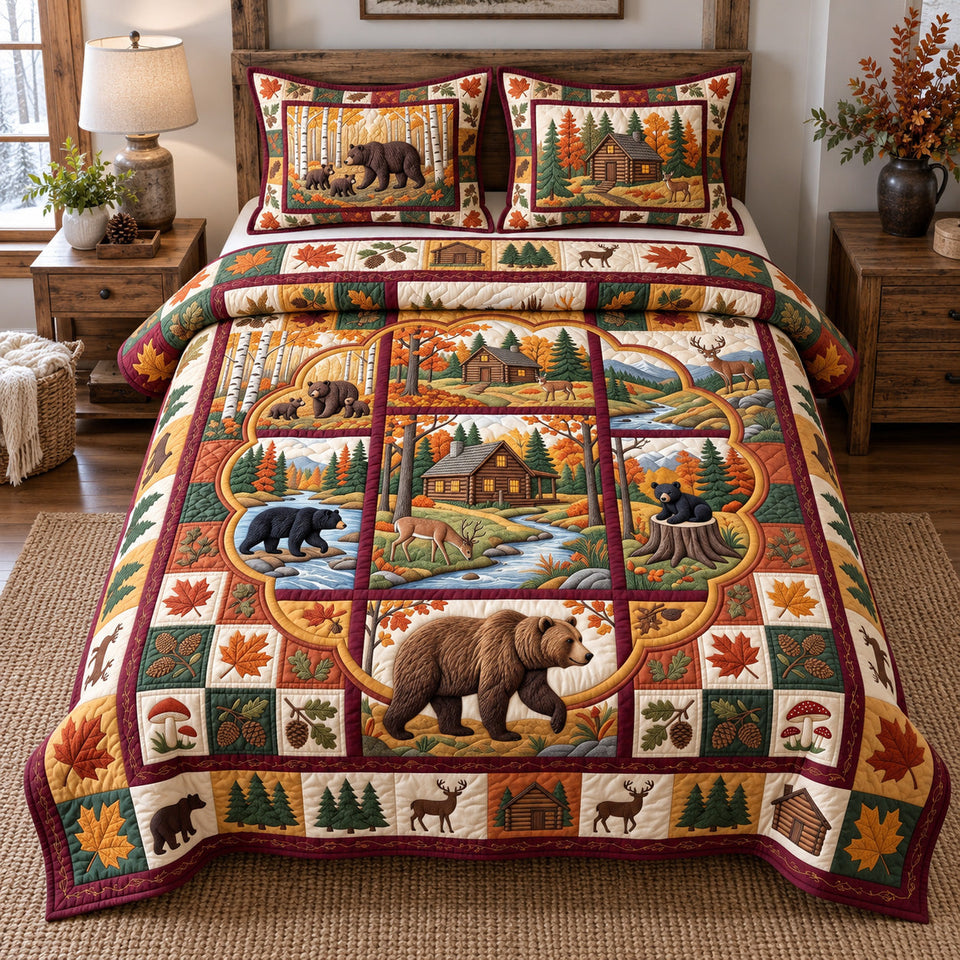Autumn Forest Patchwork Fall quilted bedding set, quilt and two pillow shams on a made bed