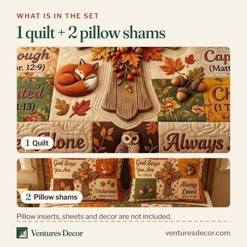 What is in the set: one quilt and two pillow shams, shown in the Autumn Fox Cross Verses design