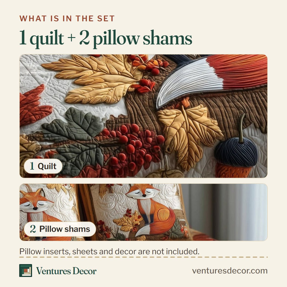 What is in the set: one quilt and two pillow shams, shown in the Autumn Fox Resting Among Maple Leaves design