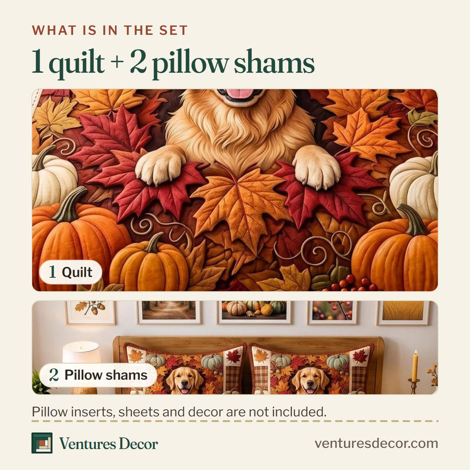 What is in the set: one quilt and two pillow shams, shown in the Autumn Golden design