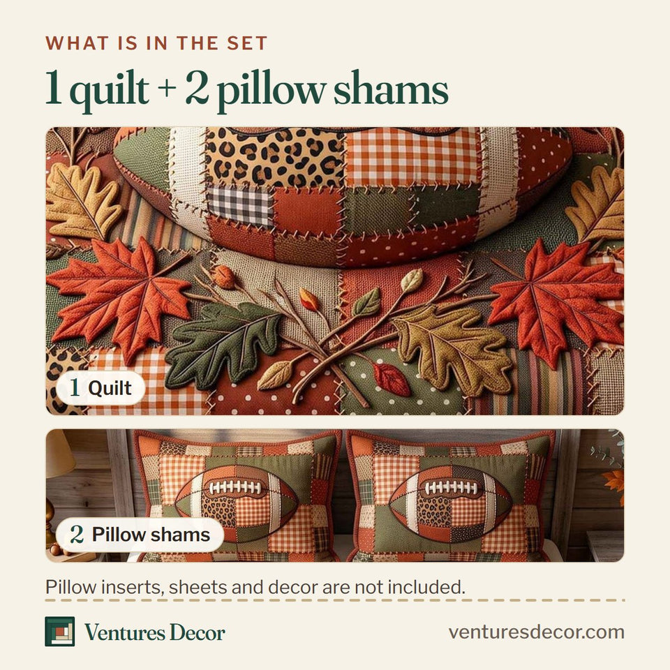 What is in the set: one quilt and two pillow shams, shown in the Autumn Gridiron Football on a Bed of Maple Leaves design