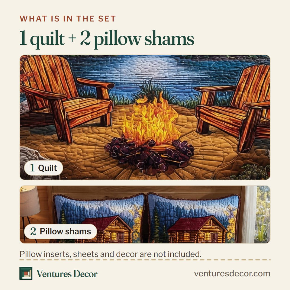 What is in the set: one quilt and two pillow shams, shown in the Autumn Harmony Two Chairs at the Fire Pit design