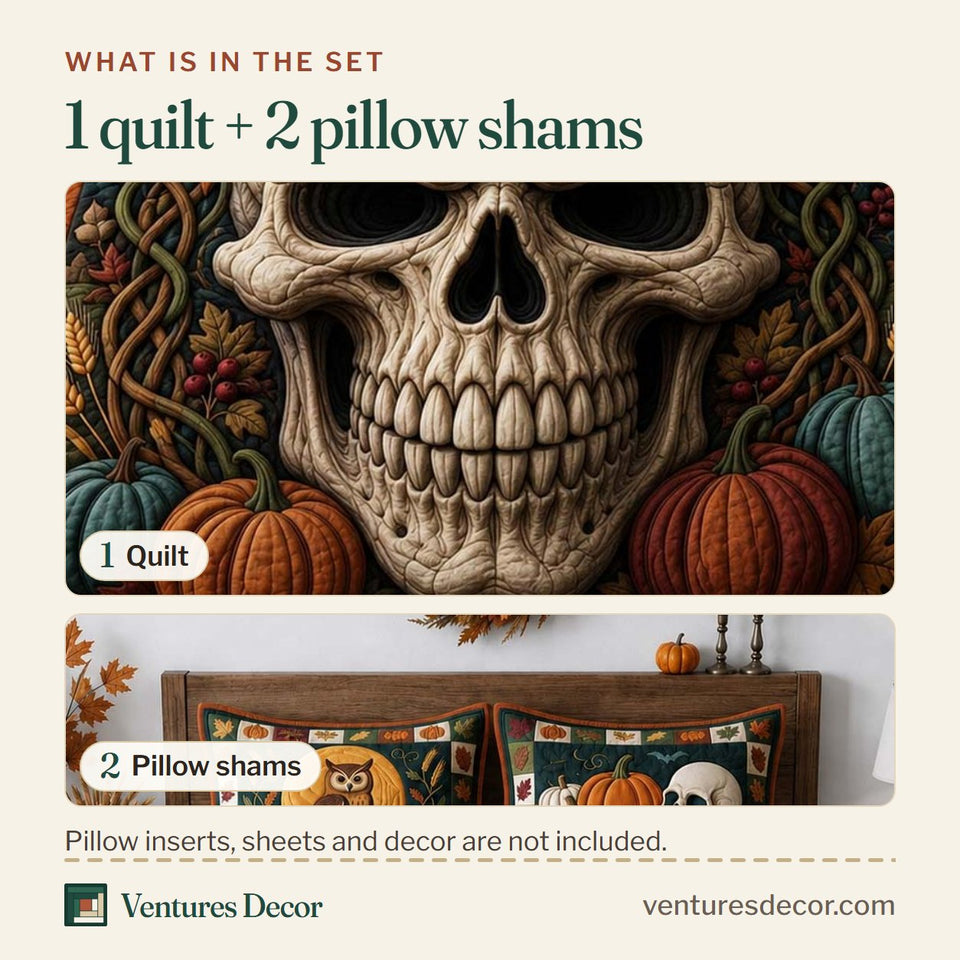 What is in the set: one quilt and two pillow shams, shown in the Autumn Harvest Skull design