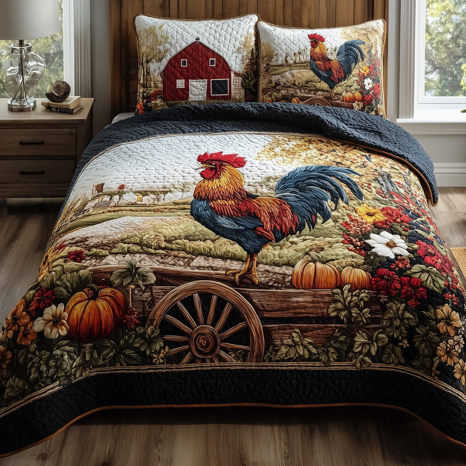Autumn Haven Navy Border Rooster quilted bedding set, quilt and two pillow shams on a made bed