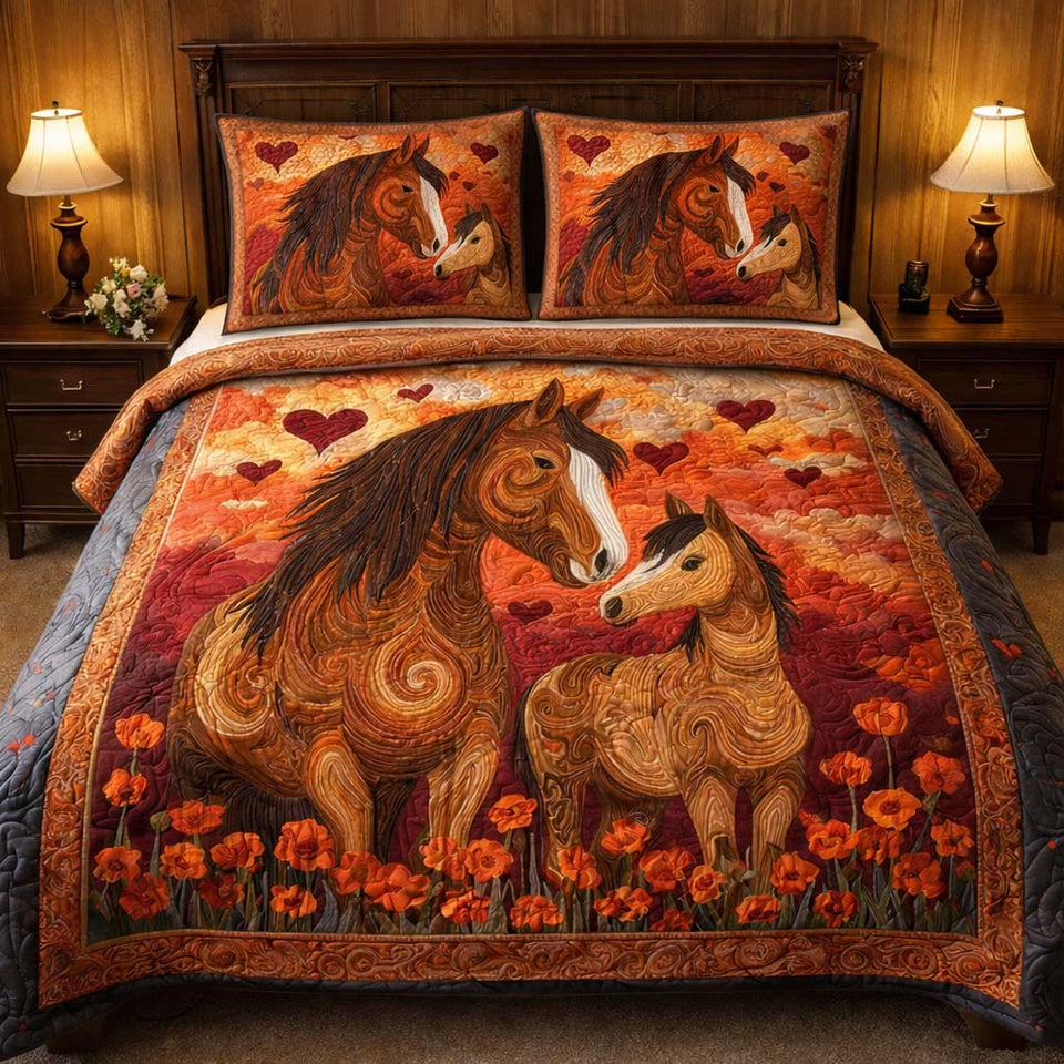 Autumn Heart Horses quilted bedding set, quilt and two pillow shams on a made bed