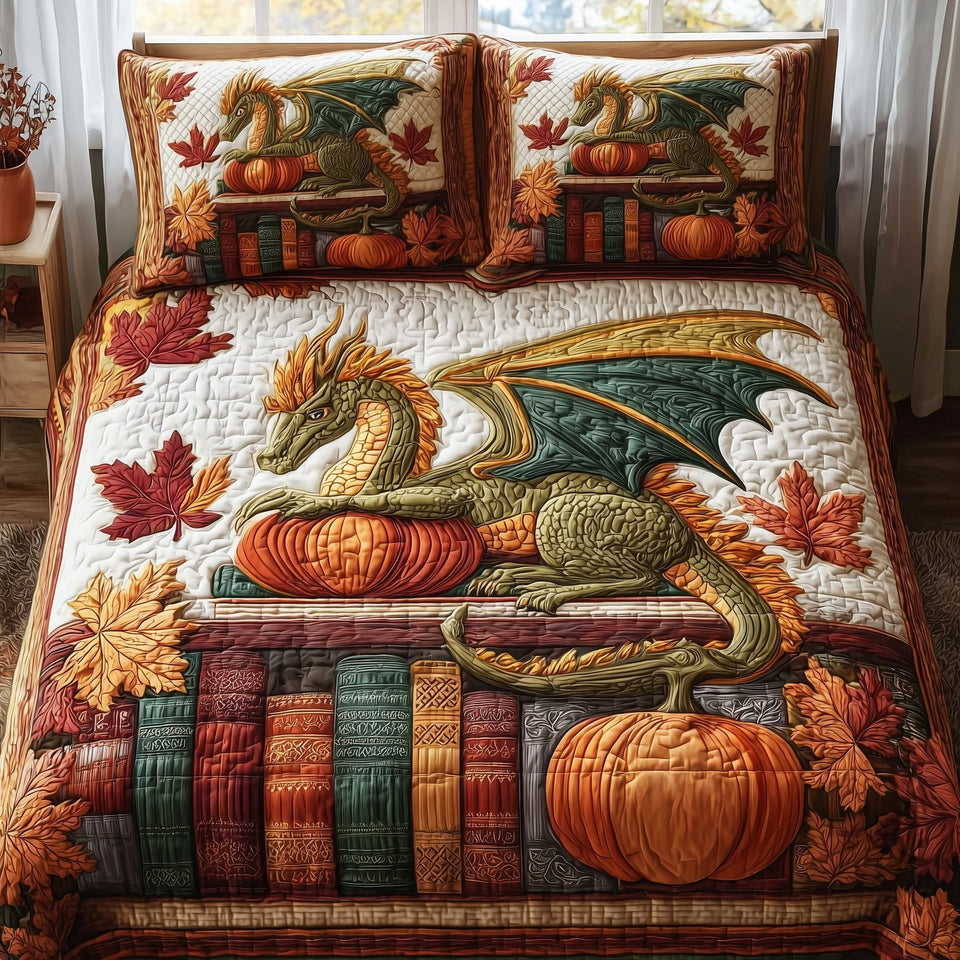 Autumn Library Green Dragon on the Book Stack quilted bedding set, quilt and two pillow shams on a made bed