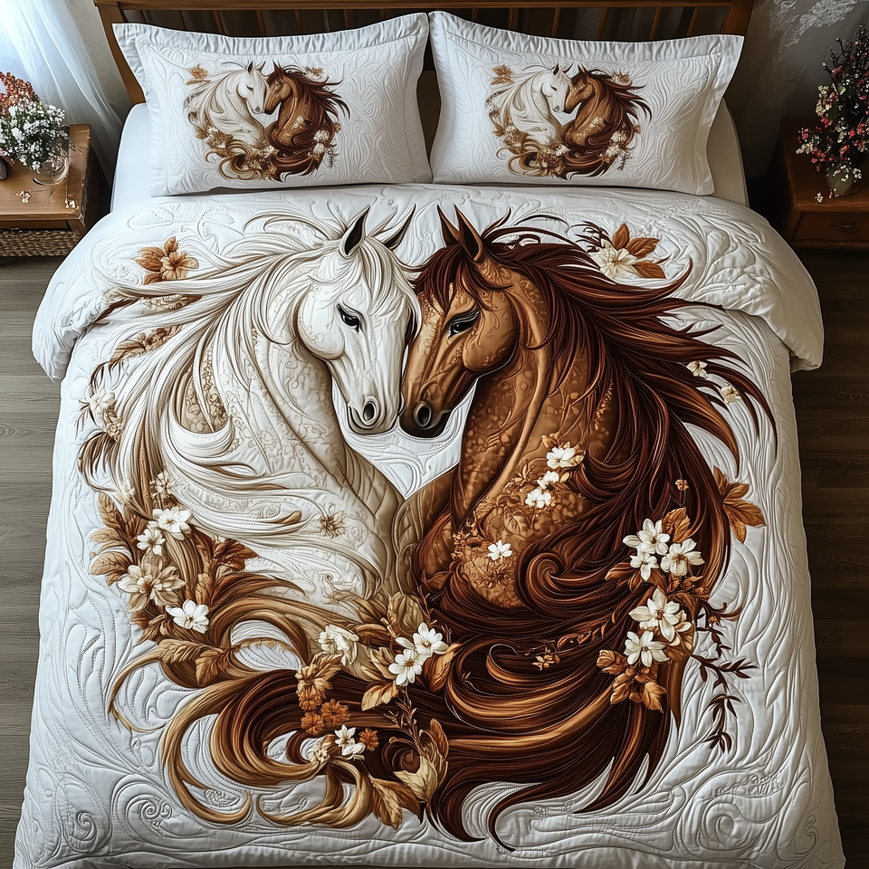 Autumn Mane Devotion quilted bedding set, quilt and two pillow shams on a made bed