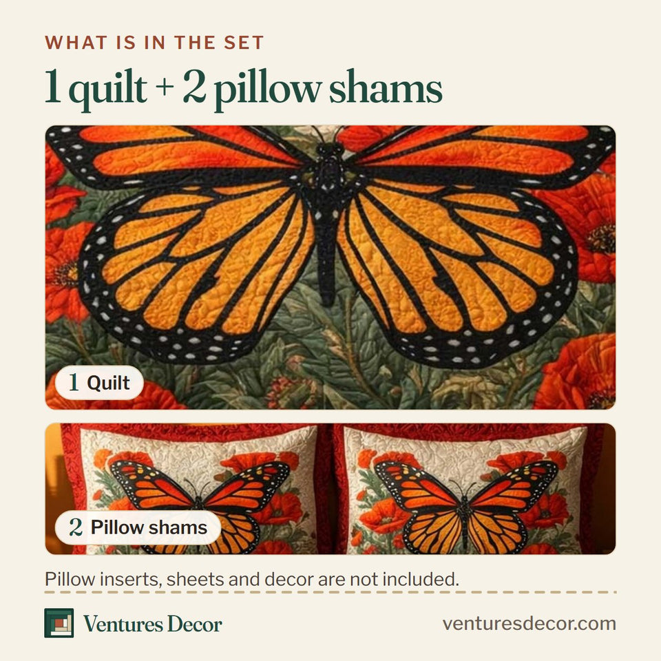 What is in the set: one quilt and two pillow shams, shown in the Autumn Monarch design