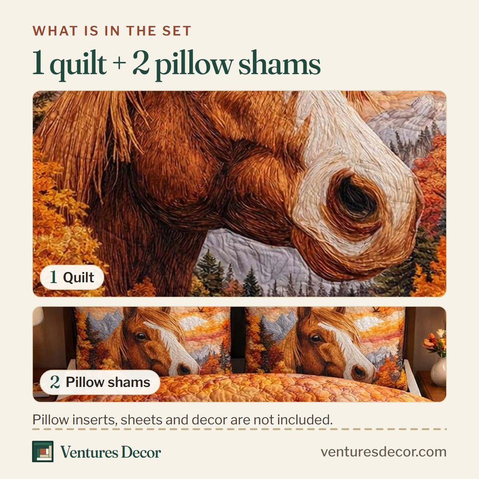 What is in the set: one quilt and two pillow shams, shown in the Autumn Mountain Mustang design