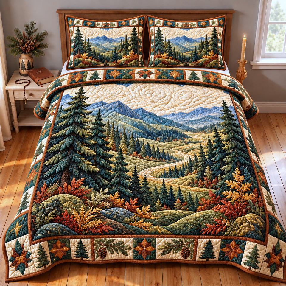 Autumn Mountain quilted bedding set, quilt and two pillow shams on a made bed
