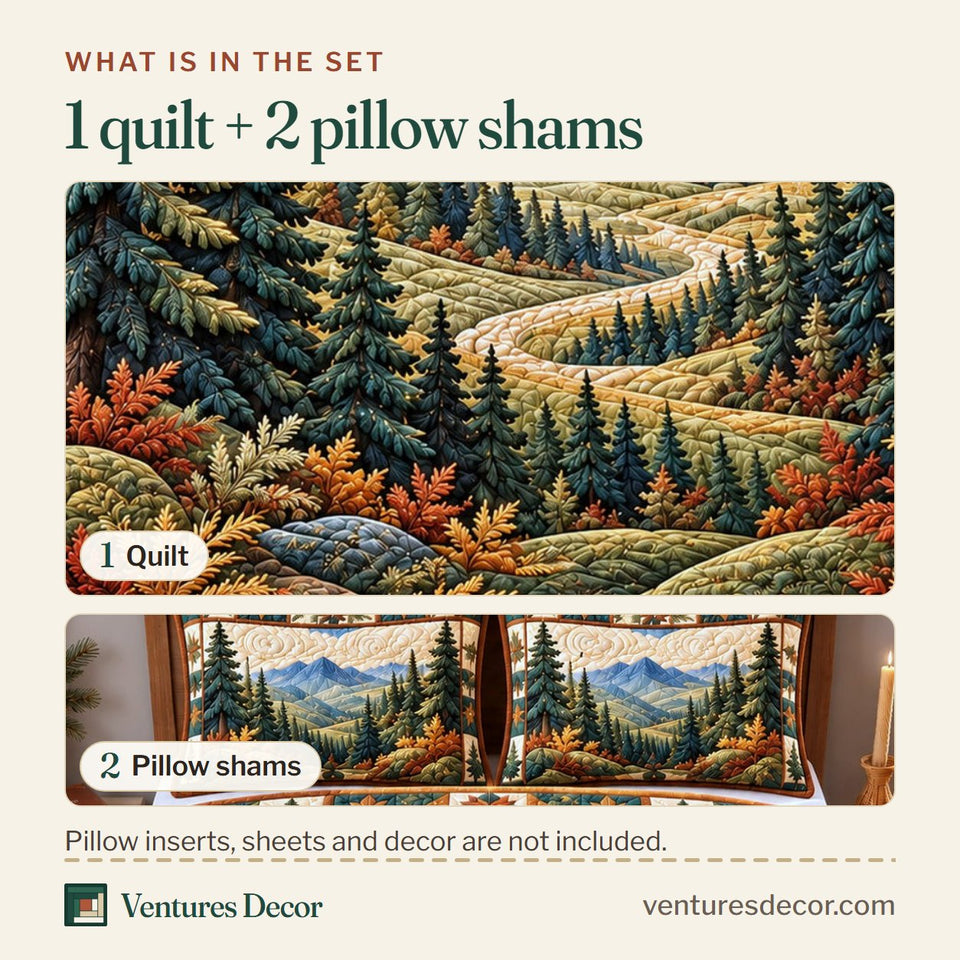 What is in the set: one quilt and two pillow shams, shown in the Autumn Mountain Quilt Set, 3-Piece Quilted Bedding with 2 Pillow Shams design