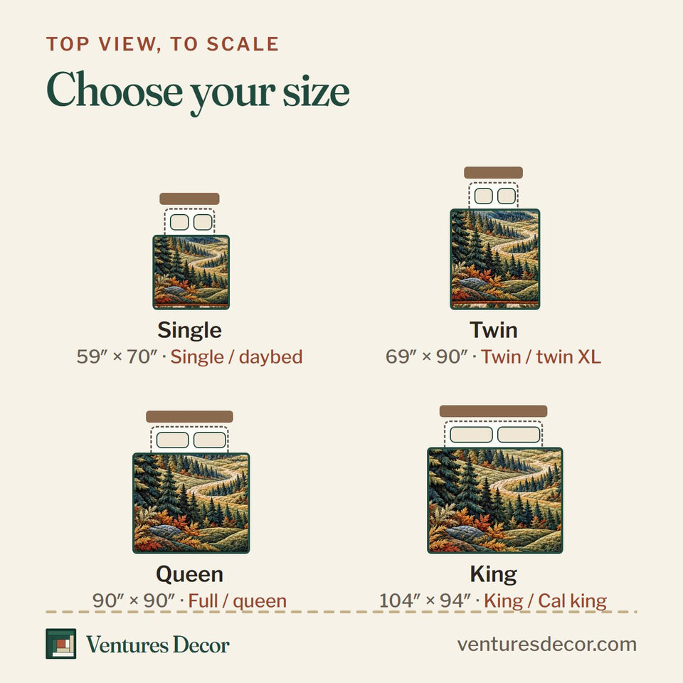 Size guide for the Autumn Mountain Quilt Set, 3-Piece Quilted Bedding with 2 Pillow Shams quilt, top view to scale: Single 59 x 70 in, Twin 69 x 90 in, Queen 90 x 90 in, King 104 x 94 in
