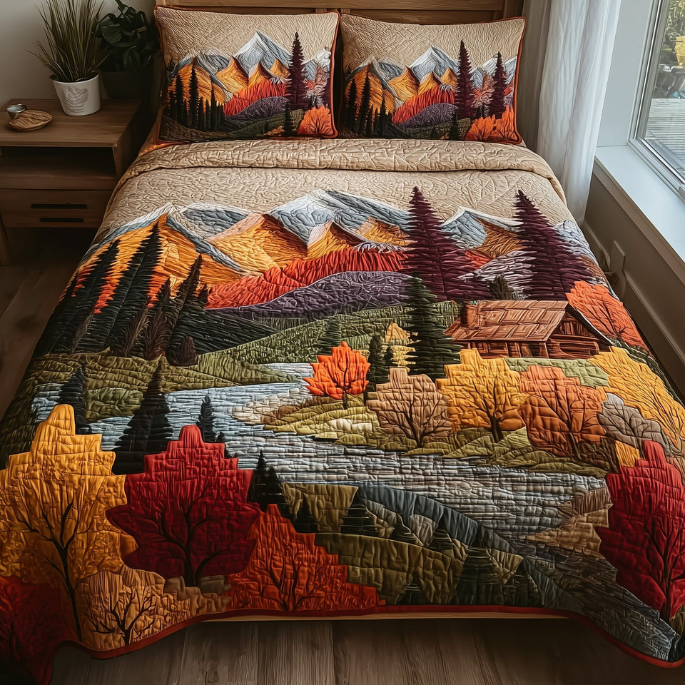 Autumn Mountain Retreat quilted bedding set, quilt and two pillow shams on a made bed