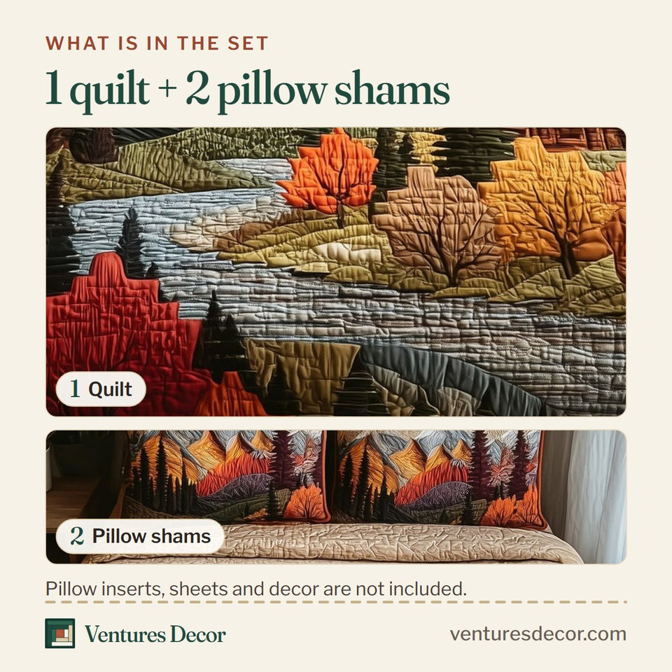 What is in the set: one quilt and two pillow shams, shown in the Autumn Mountain Retreat design
