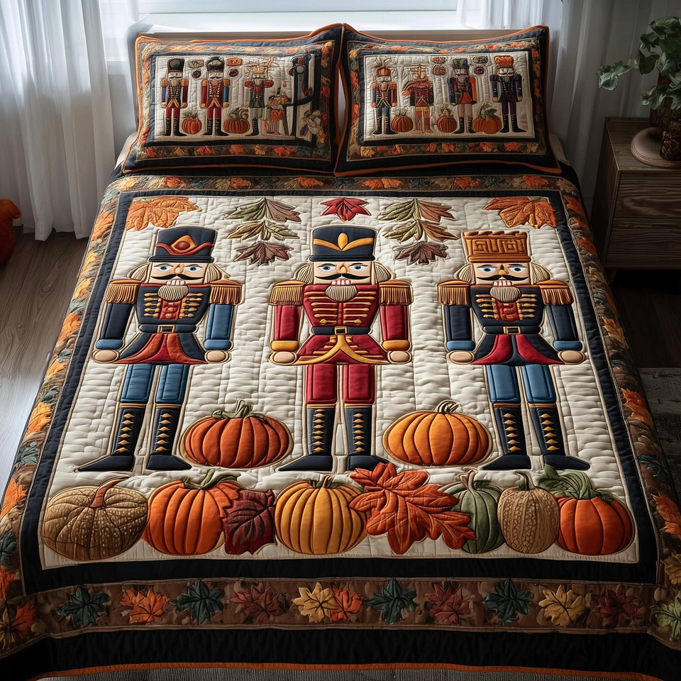 Autumn Nutcracker Harvest Guard quilted bedding set, quilt and two pillow shams on a made bed