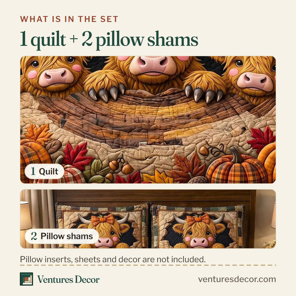 What is in the set: one quilt and two pillow shams, shown in the Autumn Pair Highland design