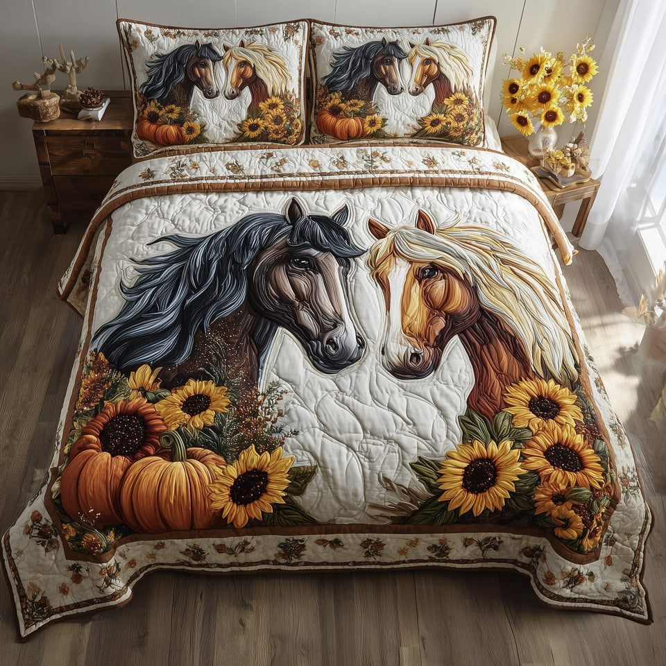 Autumn Pasture Gallop Sunflowers On Cream quilted bedding set, quilt and two pillow shams on a made bed