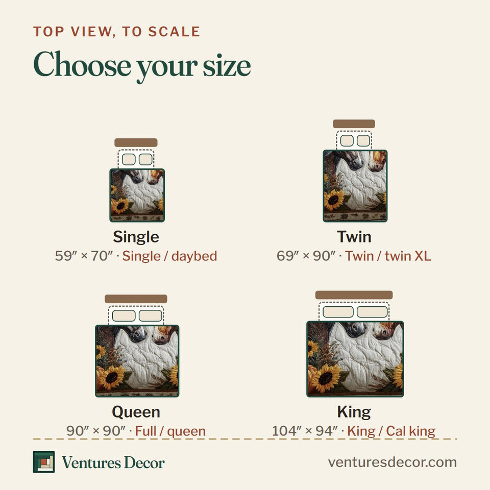 Size guide for the Autumn Pasture Gallop Sunflowers On Cream quilt, top view to scale: Single 59 x 70 in, Twin 69 x 90 in, Queen 90 x 90 in, King 104 x 94 in