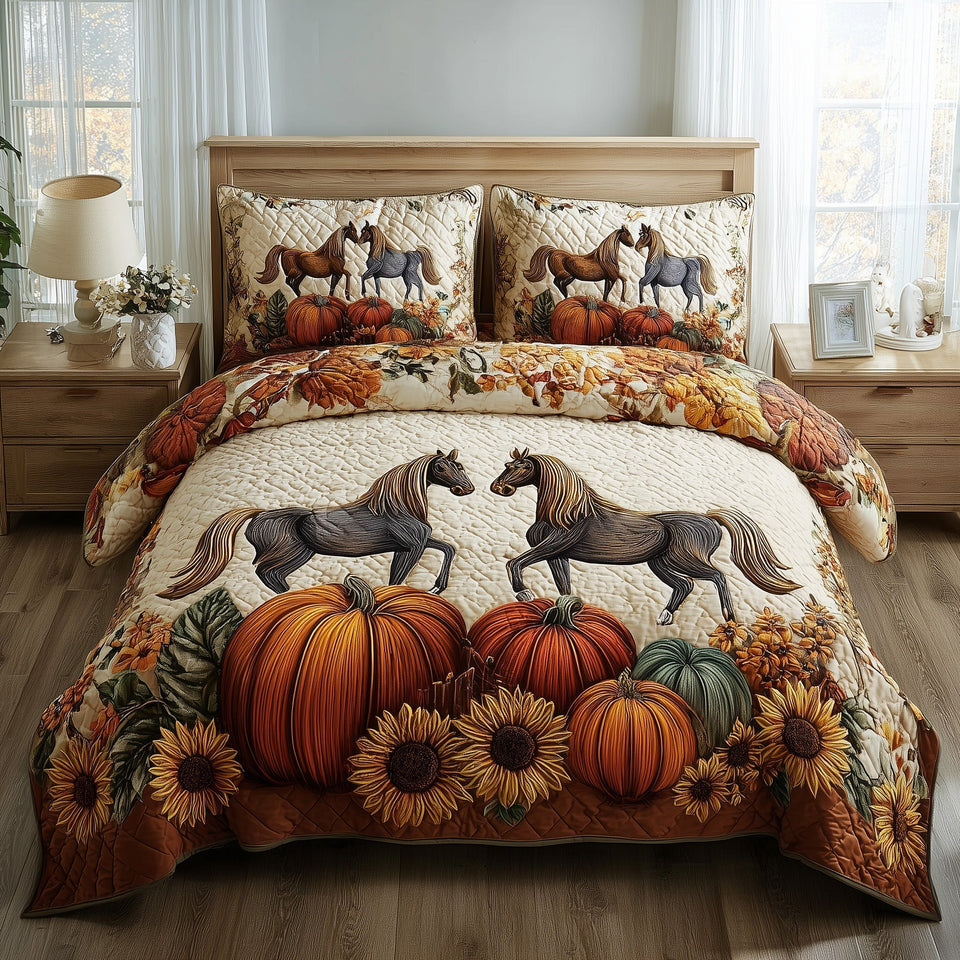 Autumn Pasture Gallop Trotting Over The Pumpkins quilted bedding set, quilt and two pillow shams on a made bed