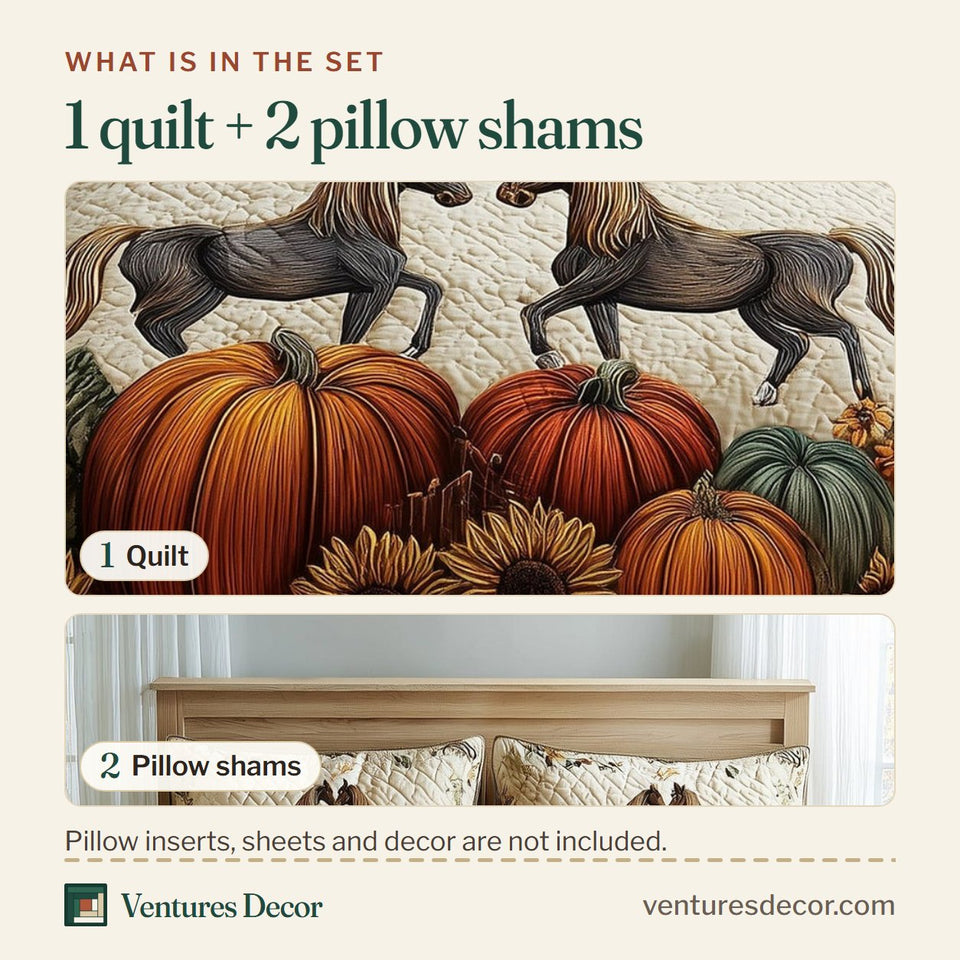 What is in the set: one quilt and two pillow shams, shown in the Autumn Pasture Gallop Trotting Over The Pumpkins design
