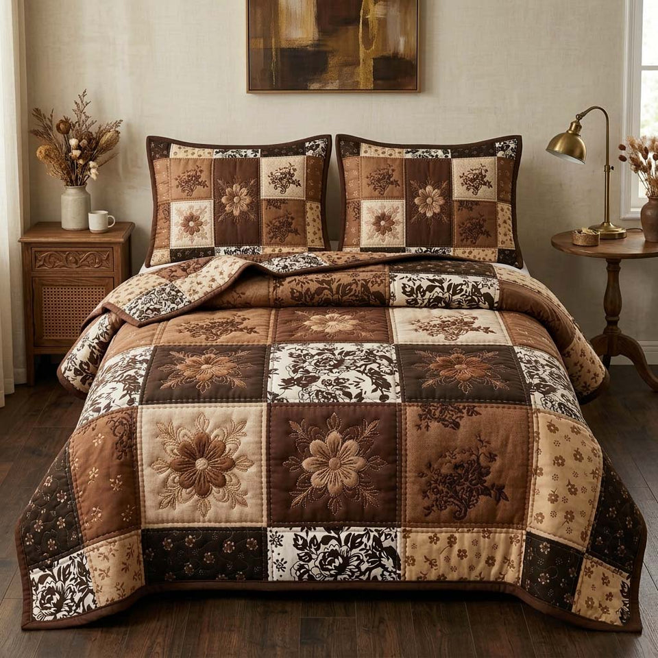 Autumn Patchwork quilted bedding set, quilt and two pillow shams on a made bed