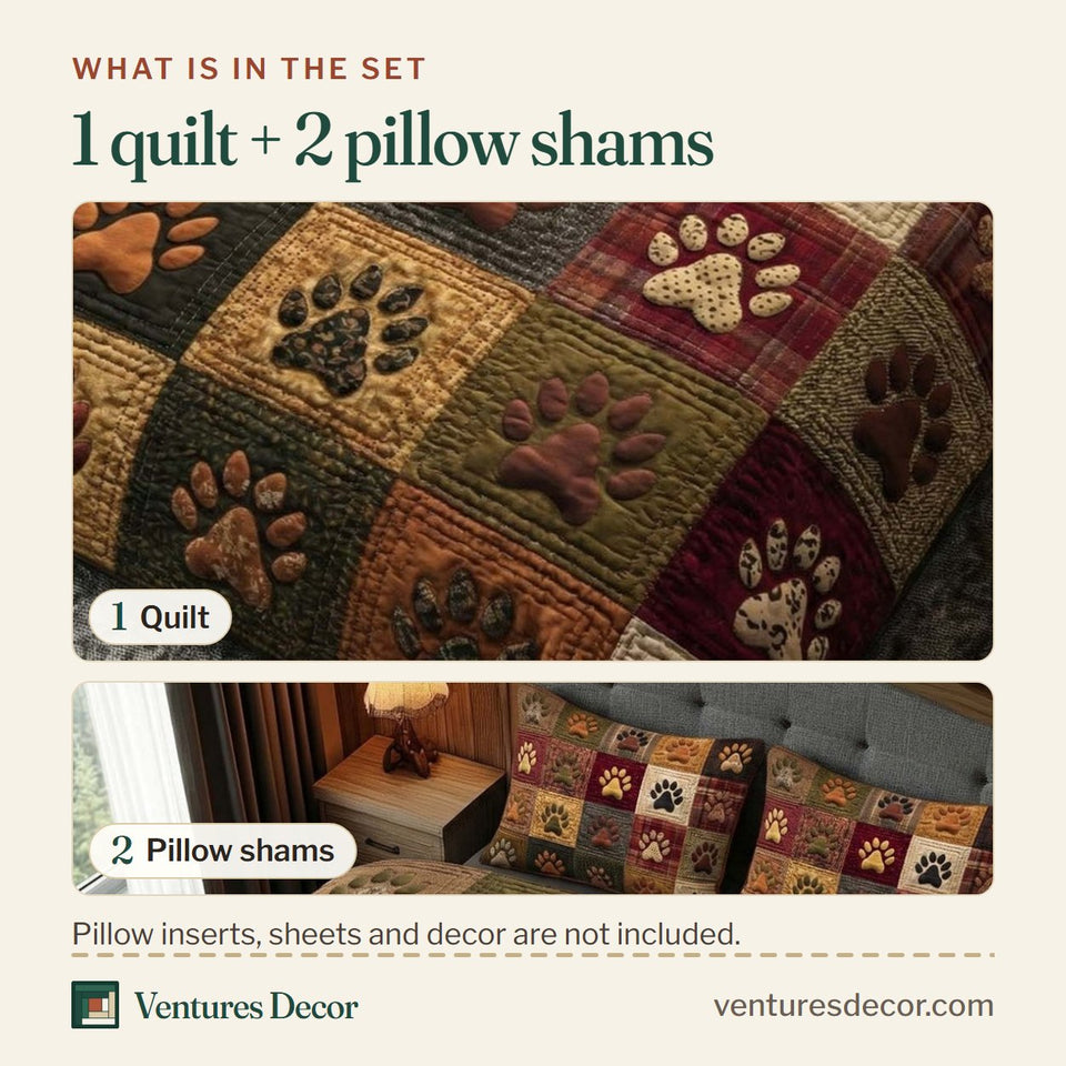 What is in the set: one quilt and two pillow shams, shown in the Autumn Paws Paw Print Patchwork Squares design