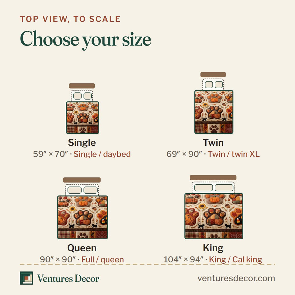 Size guide for the Autumn Paws Pumpkin Patch quilt, top view to scale: Single 59 x 70 in, Twin 69 x 90 in, Queen 90 x 90 in, King 104 x 94 in