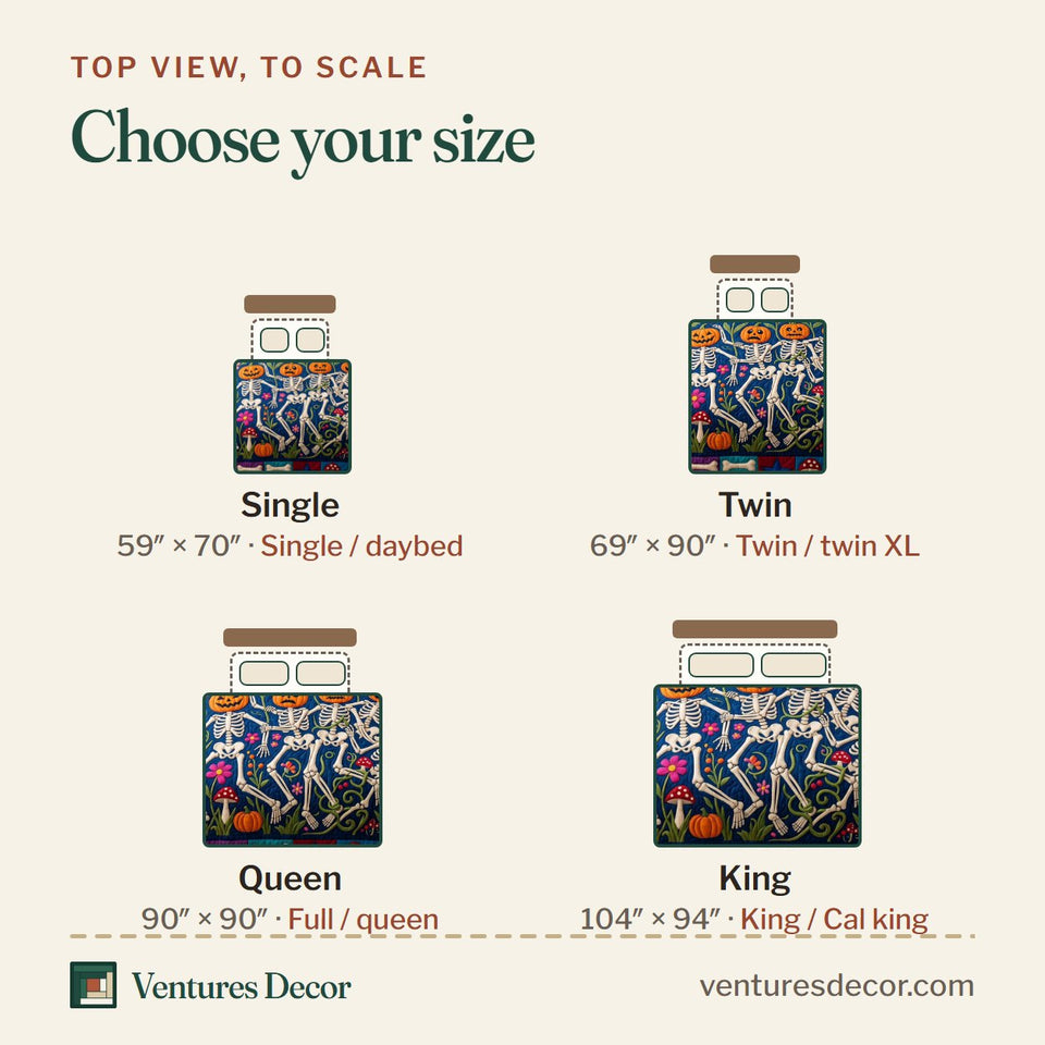 Size guide for the Autumn Pop quilt, top view to scale: Single 59 x 70 in, Twin 69 x 90 in, Queen 90 x 90 in, King 104 x 94 in