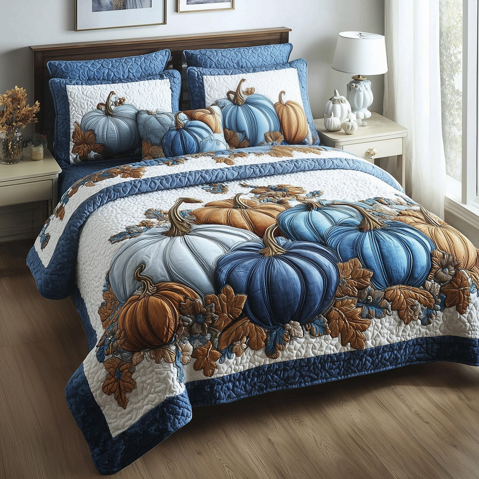 Autumn Pumpkin Cornflower Gourds and Fallen Leaves quilted bedding set, quilt and two pillow shams on a made bed