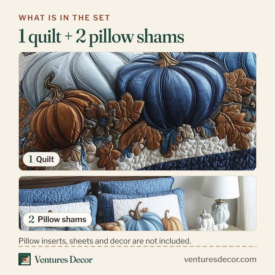 What is in the set: one quilt and two pillow shams, shown in the Autumn Pumpkin Cornflower Gourds and Fallen Leaves design