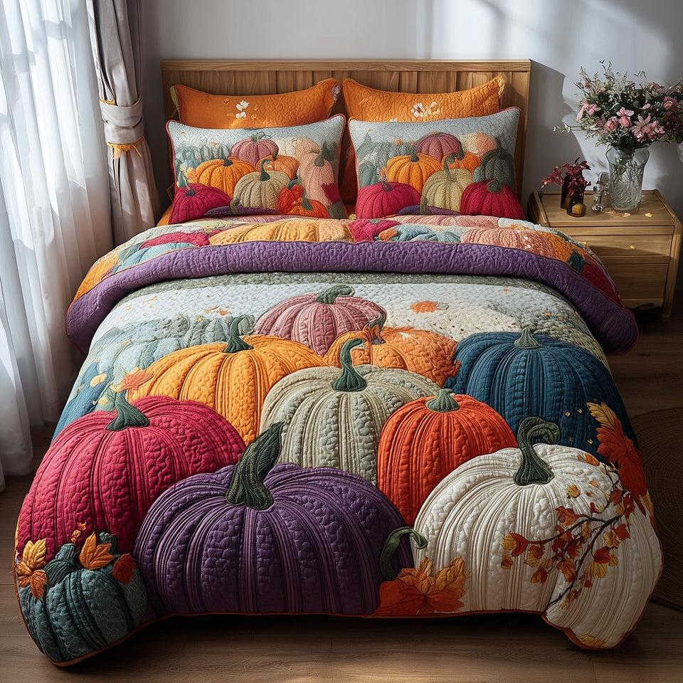 Autumn Pumpkin Jewel Tone Gourd Heap quilted bedding set, quilt and two pillow shams on a made bed