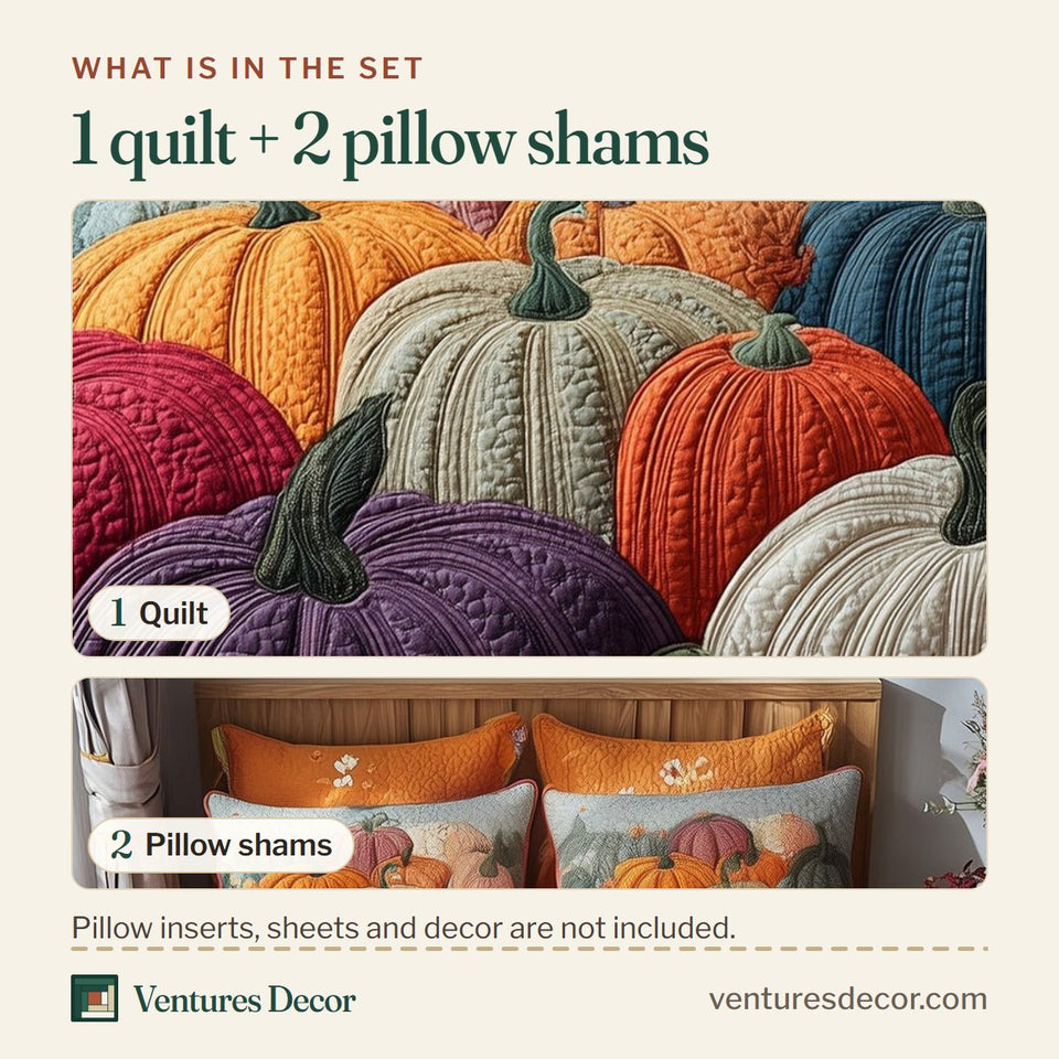 What is in the set: one quilt and two pillow shams, shown in the Autumn Pumpkin Jewel Tone Gourd Heap design
