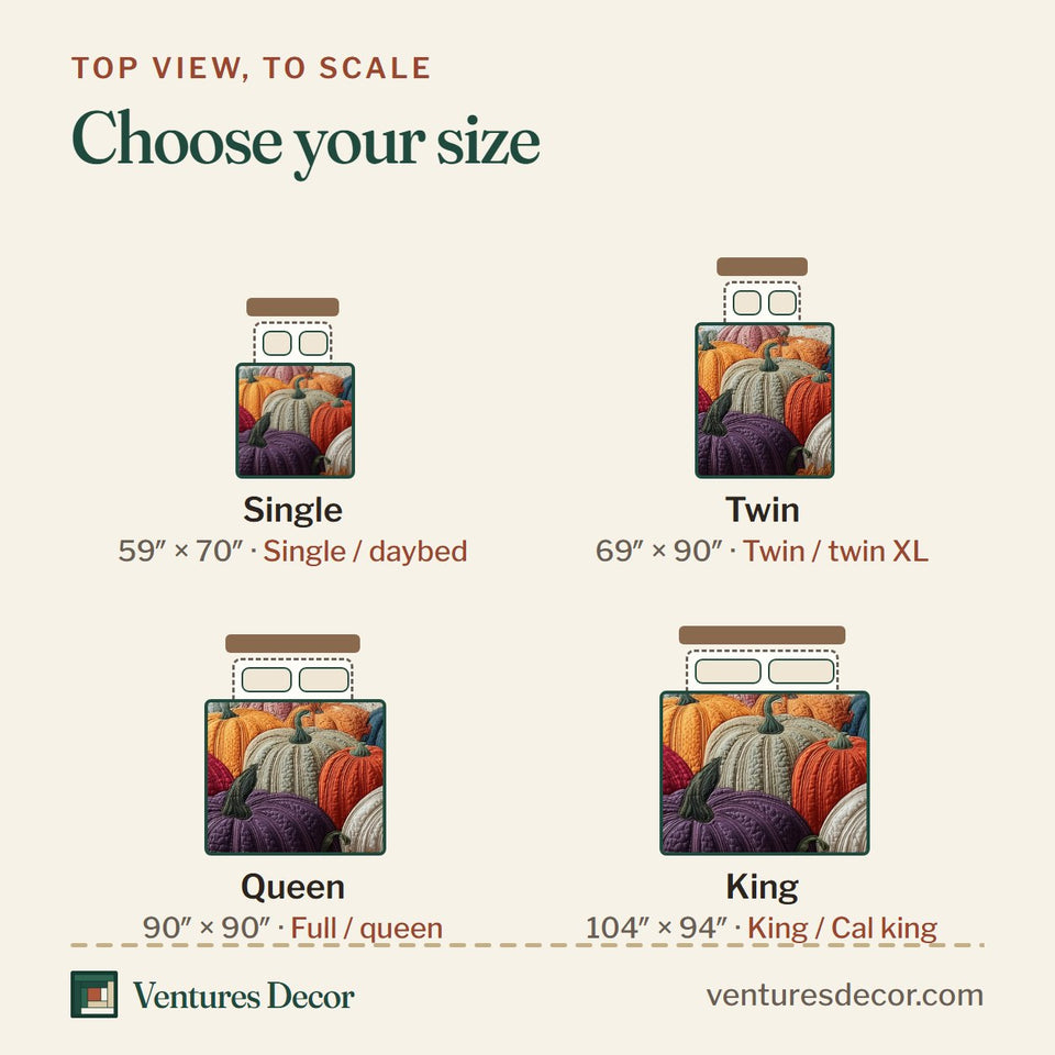 Size guide for the Autumn Pumpkin Jewel Tone Gourd Heap quilt, top view to scale: Single 59 x 70 in, Twin 69 x 90 in, Queen 90 x 90 in, King 104 x 94 in