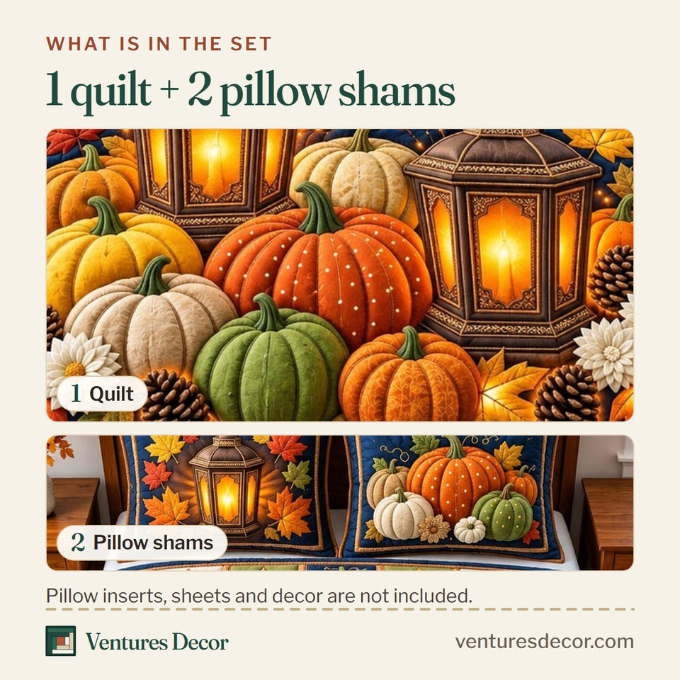 What is in the set: one quilt and two pillow shams, shown in the Autumn Pumpkin Lantern design