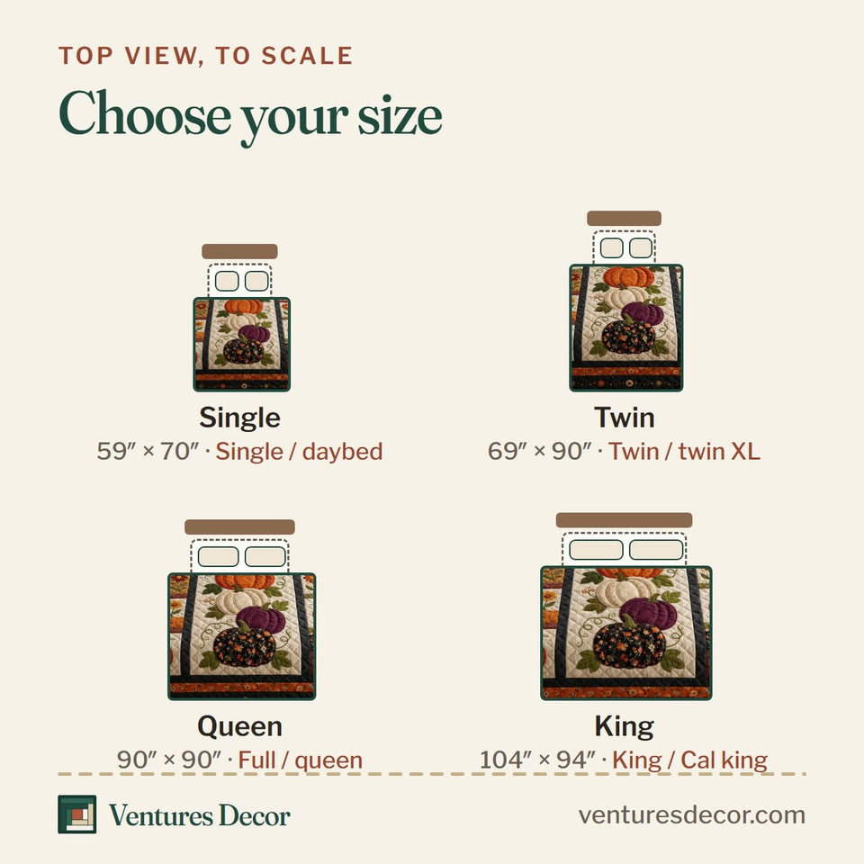 Size guide for the Autumn Pumpkin Patchwork Bat quilt, top view to scale: Single 59 x 70 in, Twin 69 x 90 in, Queen 90 x 90 in, King 104 x 94 in