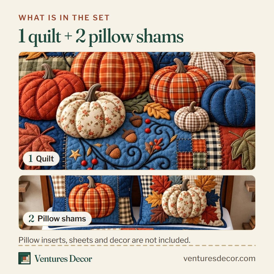 What is in the set: one quilt and two pillow shams, shown in the Autumn Pumpkin Patchwork design