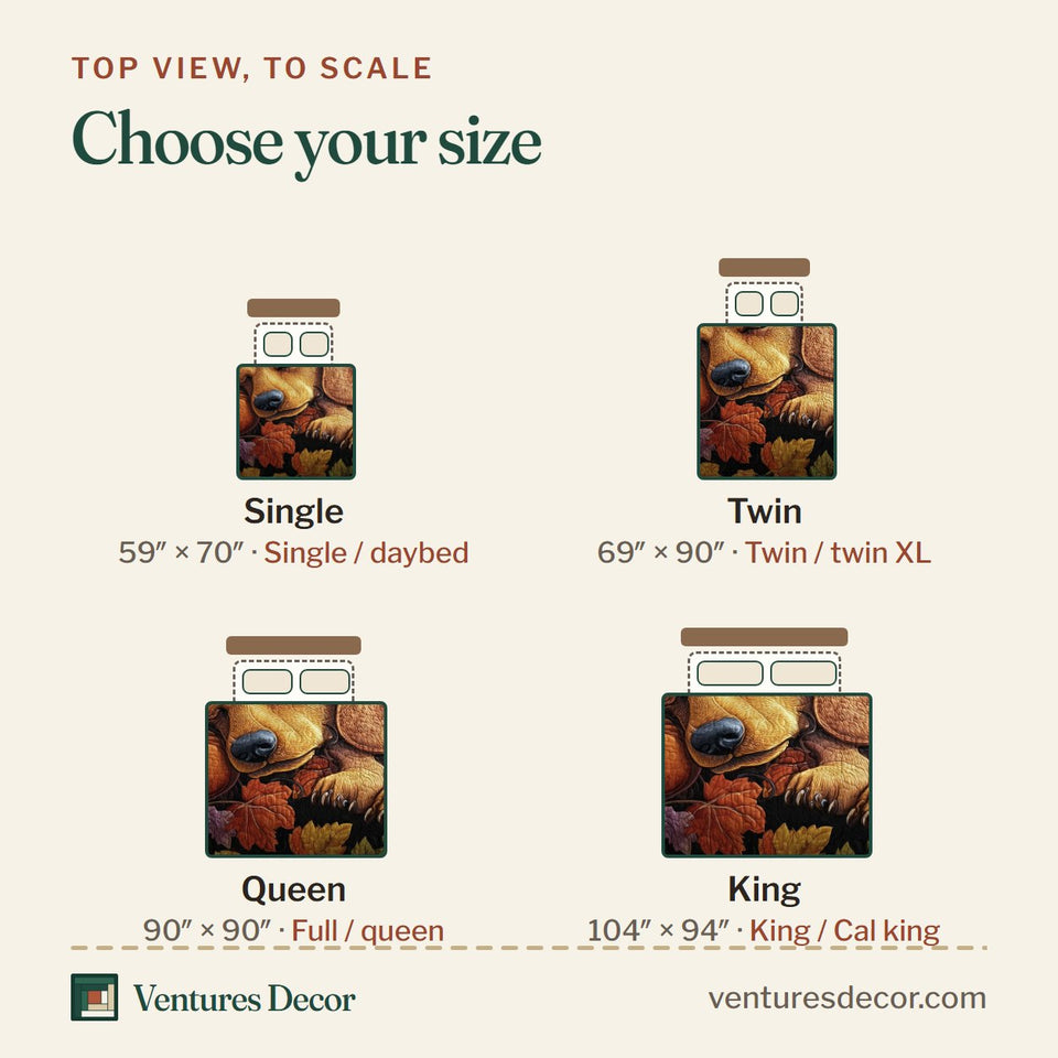 Size guide for the Autumn Pup Haven Golden Pup Asleep on Leaves quilt, top view to scale: Single 59 x 70 in, Twin 69 x 90 in, Queen 90 x 90 in, King 104 x 94 in