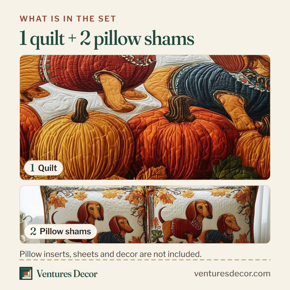 What is in the set: one quilt and two pillow shams, shown in the Autumn Pup Haven Scarf Wearing Pair in the Pumpkin Field design