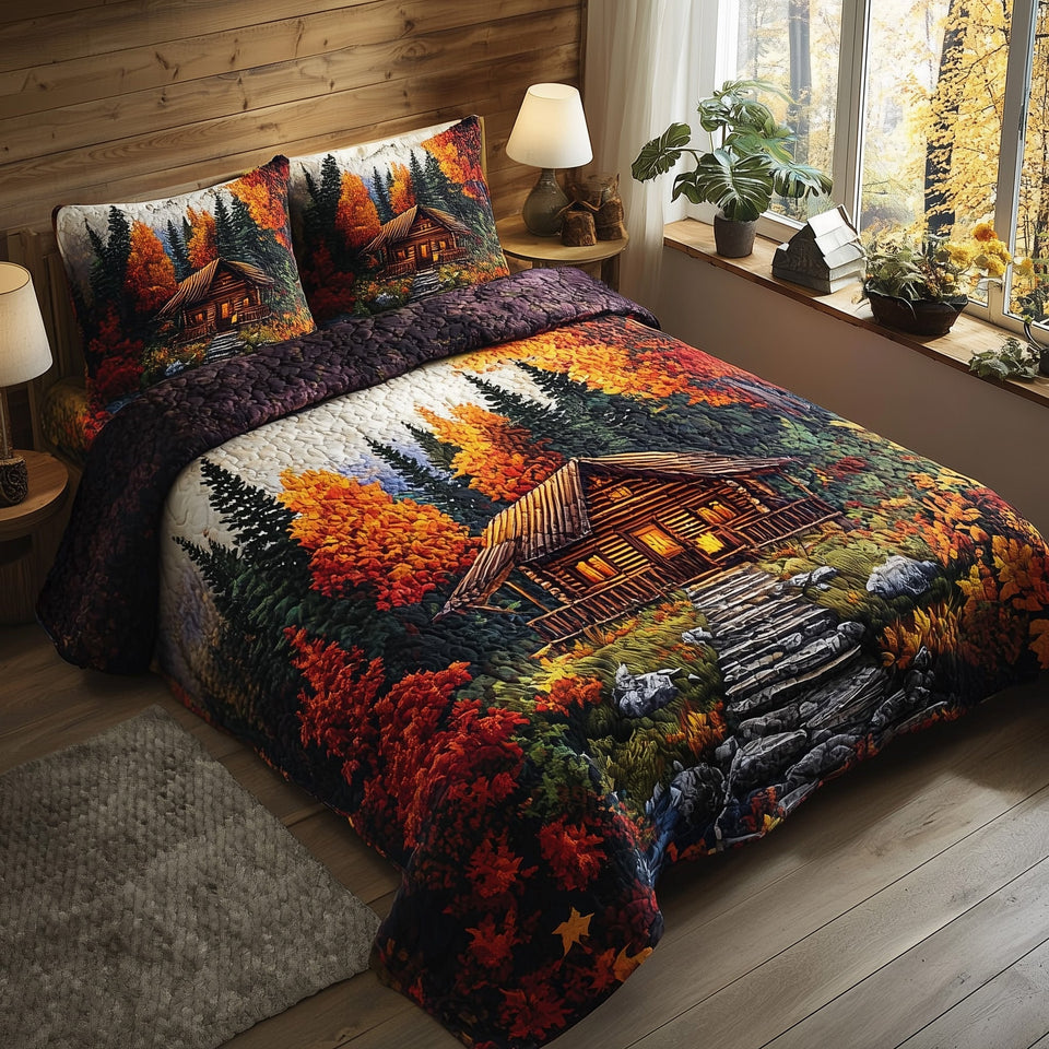 Autumn Retreat Forest Cabin quilted bedding set, quilt and two pillow shams on a made bed