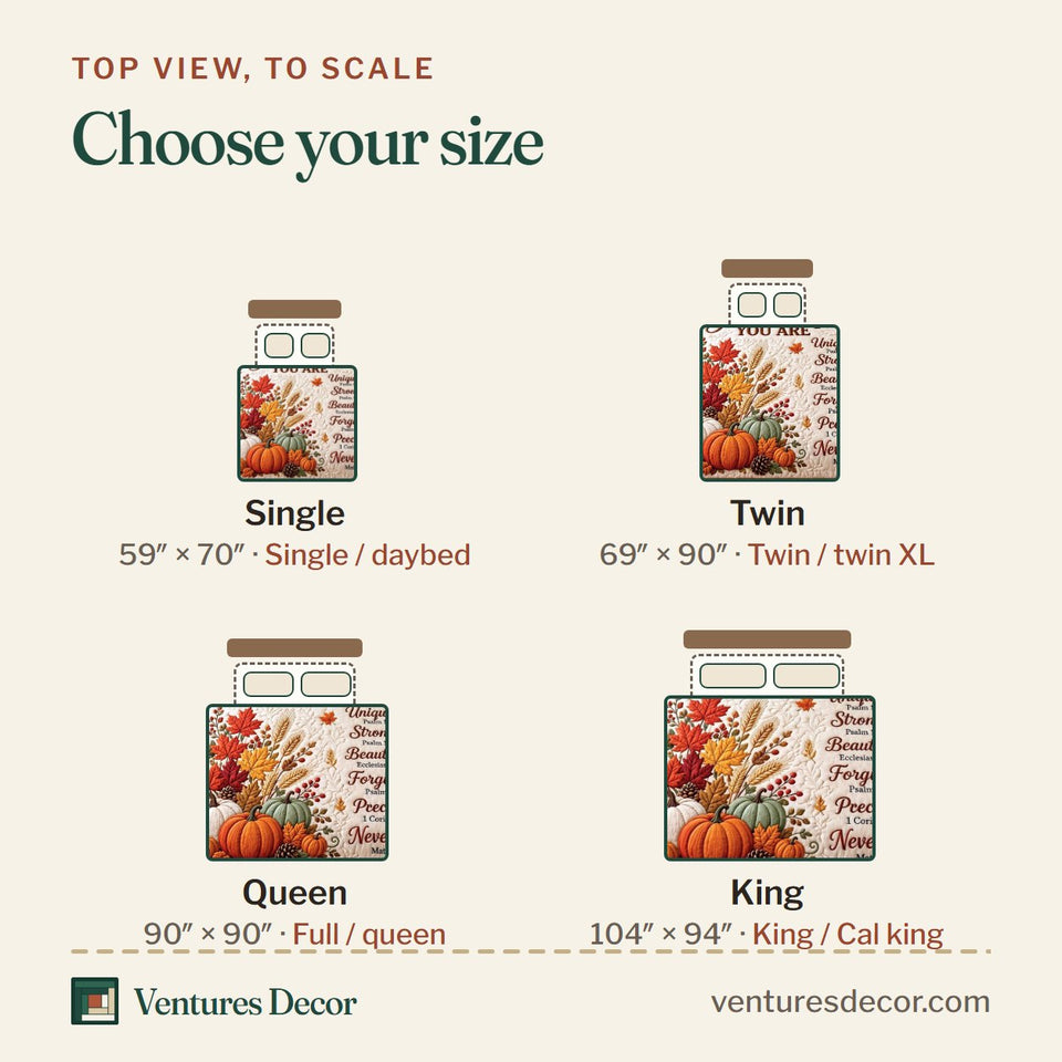 Size guide for the Autumn Scripture quilt, top view to scale: Single 59 x 70 in, Twin 69 x 90 in, Queen 90 x 90 in, King 104 x 94 in