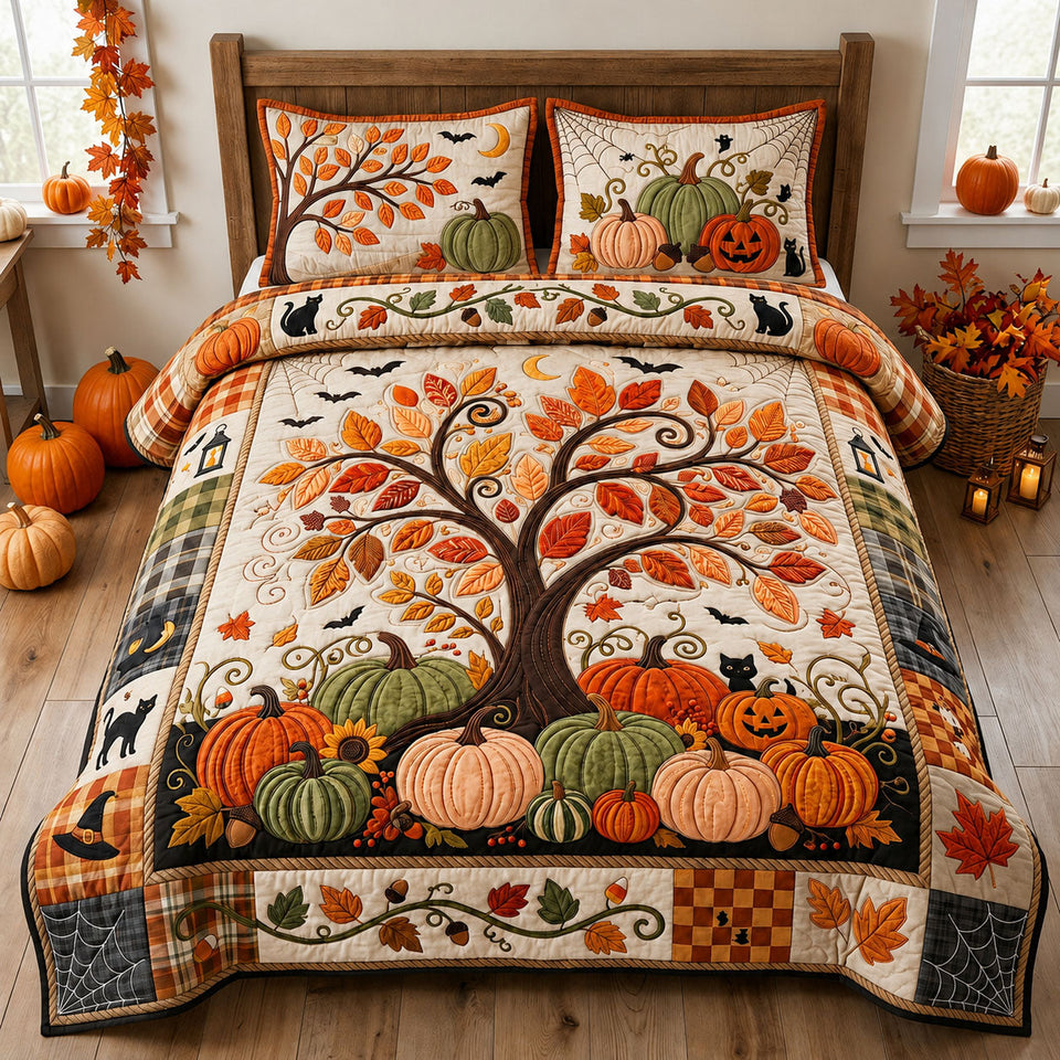 Autumn Tree Pumpkin Patch quilted bedding set, quilt and two pillow shams on a made bed