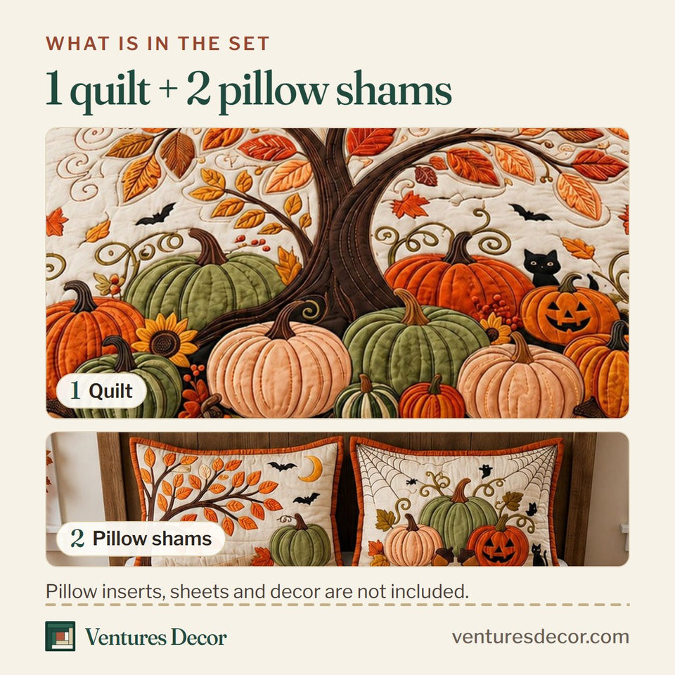 What is in the set: one quilt and two pillow shams, shown in the Autumn Tree Pumpkin Patch design