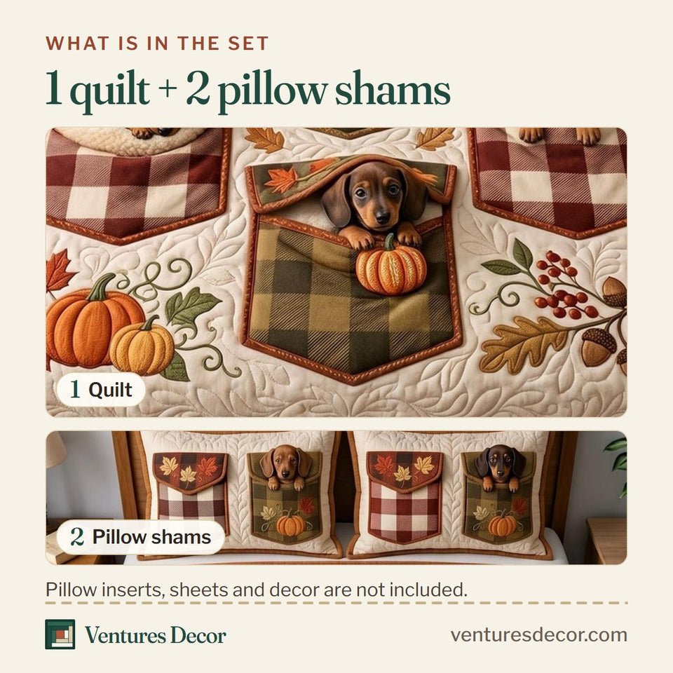 What is in the set: one quilt and two pillow shams, shown in the Autumn Wiener design